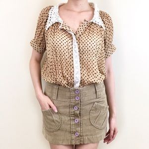 Vintage Cream Polka Dot Collar Pleated High Low Top